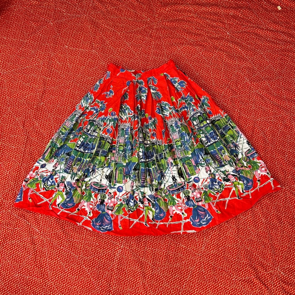 True Vintage 1950s cotton Red Novelty Print Pleated Midi Skirt French Quarter